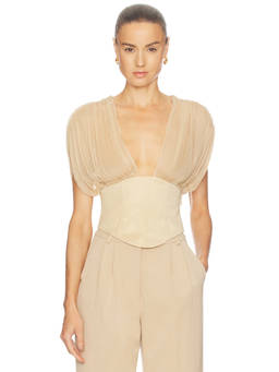 Camila Coelho - Elana Women's Sheer Plunge Neck Corset Crop Top Beige