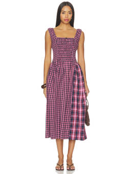 Damson Madder - Mallory Women's Smocked Square Neck Midi Dress Pink