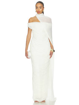 Deme by Gabriella - Venice Women's Ruched Off-Shoulder Cape Maxi Dress White