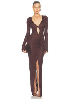 DE LA VALI - Elisia Women's Rib Knit Cut-Out Maxi Dress Brown