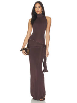 DE LA VALI - Abril Women's Beaded Draped Maxi Dress Brown
