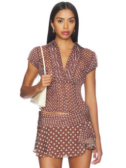 GUIZIO - Pleated Women's Polka Dot Button-Down Blouse Brown