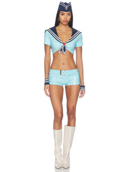 Dolls Kill - Open Seas Women's Shiny Vinyl Sailor Short Set Blue