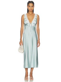 Elodie the Label - Odette Women's Satin Lace Trim Tie-Up Midi Dress Blue