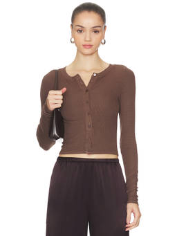 Enza Costa - Silk Rib Women's Button-Front Cropped Cardigan Brown