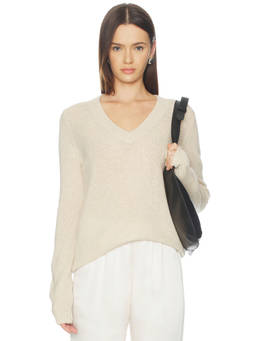 Enza Costa - Recycled Cashmere Women's V-Neck Lightweight Pullover Sweater Beige