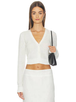 Enza Costa - Linen Open Knit Women's Cropped V-Neck Cardigan White