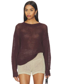 Enza Costa - Linen Open Knit Women's Sheer Crew Neck Top Maroon