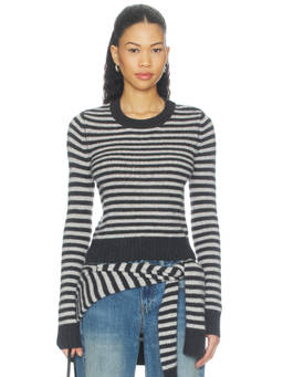 Enza Costa - Shrunken Crewneck Women's Striped Cashmere Sweater Charcoal
