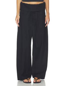 Enza Costa - Twill Fisherman Women's Foldover Drawstring Palazzo Pants Black