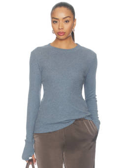 Enza Costa - Cashmere Jersey Women's Thumbhole Cuffed Crew Neck Top Blue