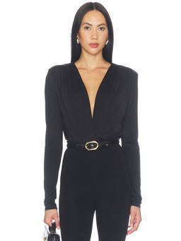 Favorite Daughter - Slinky Date Women's Surplice V-Neck Padded Shoulder Bodysuit Black