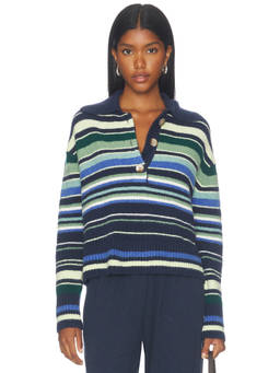 Free People - Trading Up Women's Striped Button Polo Collar Pullover Sweater Multi-Color