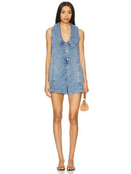 Free People - REVOLVE Dover Women's Button-Front Denim Playsuit Blue