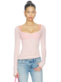 Free People - We The Free Women's Semi-Sheer Scoop Neck Long Sleeve Top Pink