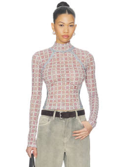 Free People - Lyric Women's Sheer Lace High Neck Long Sleeve Crop Top Pink