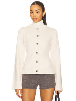 Good American - Button Front Women's Ribbed Trim Knit Cardigan Off White