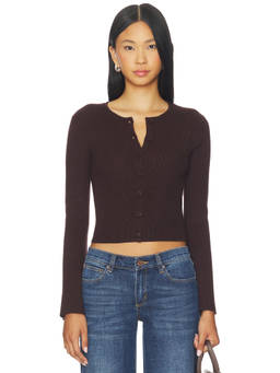 Good American - Bell Sleeve Women's Rib Knit Button-Up Cardigan Brown