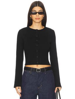 Good American - Bell Sleeve Women's Button-Up Rib Knit Crop Cardigan Black