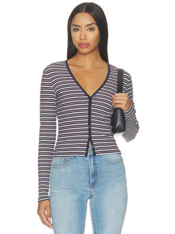 Good American - Rib V-Neck Women's Striped Button-Up Cardigan Navy Blue