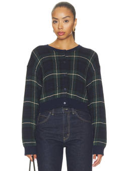 Good American - Shrunken Women's Button-Up Ribbed Trim Cardigan Navy Blue