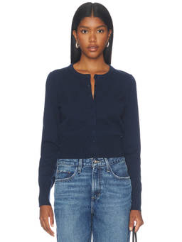 Good American - Fine Knit Women's Button-Down Ribbed Trim Cardigan Navy Blue