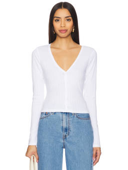Good American - Pointelle Women's Button-Front Scallop V-Neck Cardigan White