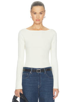 Good American - Rib Scoop Boat Neck Women's Full Sleeves Top White