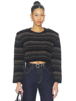 Gestuz - Striped Women's Padded Shoulder Knit Pullover Sweater Black