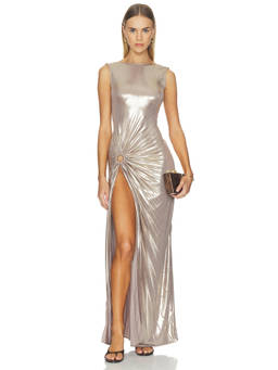 Georgia Hardinge - Enigma Women's Metallic Plisse Cut-Out Maxi Dress Silver
