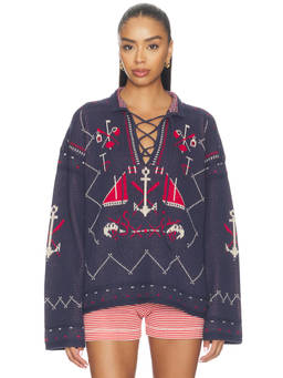 The Great - Fisherman Lace-Up Women's Collared Pullover Sweater Navy Blue