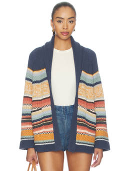 The Great - Mountain Lodge Women's Open-Front Striped Knit Cardigan Navy Blue