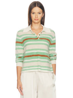 Guest In Residence - Cropped Rugby Women's Striped Button-Up Cashmere Sweater Green