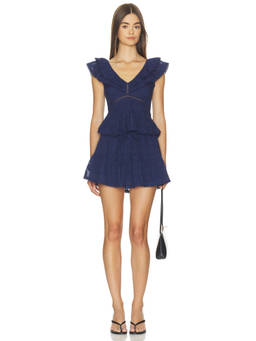 HEARTLOOM - Eyelet Cotton Women's Ruffled V-Neck Mini Dress Navy Blue