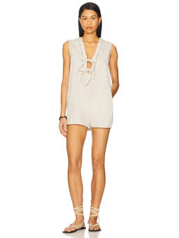 HEARTLOOM - Women's Sleeveless Tie-Up Neck Pleated Romper Beige