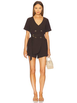HEARTLOOM - Parina Women's Linen Blend V-Neck Belted Romper Black