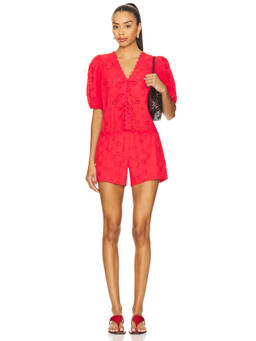 HEARTLOOM - Eyelet Women's Tie-Up Puff Sleeve Short Set Red