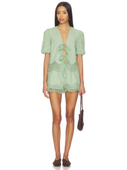HEARTLOOM - Janna Women's Tie-Up Lace Trim Short Set Green