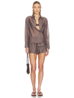 HEARTLOOM - Tash Women's Chiffon Button-Front Shirt Short Set Brown