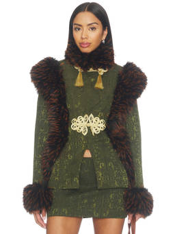 Kim Shui - Chi Brocade Women's Faux Fur Trim Jacket Green