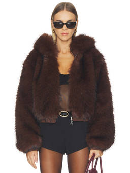 Kim Shui - Hooded Women's Faux Fur Zipper Jacket Brown