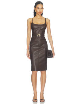 L'AGENCE - Halia Women's Faux Leather Buckle Belt Midi Dress Brown