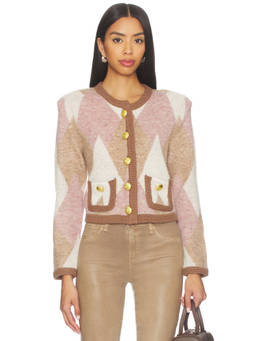 L'AGENCE - Fuzzy Argyle Women's Button-Up Cropped Cardigan Multi-Color