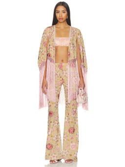 LoveShackFancy - Women's Floral Brocade Open Front Crop Top Beige
