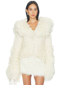 LoveShackFancy - Ilyana Women's Shaggy Faux Fur Trim Crochet Jacket Ivory