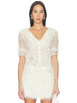 LoveShackFancy - Kaylin Women's Sheer Lace V-Neck Button Front Top White