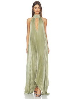 L'IDEE - Opera Women's Shimmery Pleated Halter Maxi Gown Green