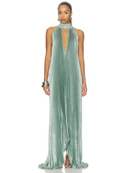L'IDEE - Opera Women's Halter Neck Cut-Out Pleated Gown Green