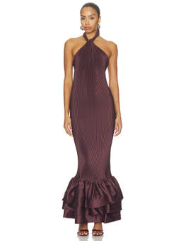 L'IDEE - Soho Women's Pleated Halter Neck Ruffled Maxi Dress Maroon