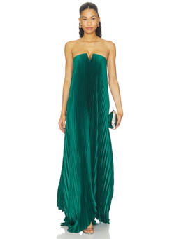 L'IDEE - Plisse Women's Strapless Pleated Maxi Gown Green